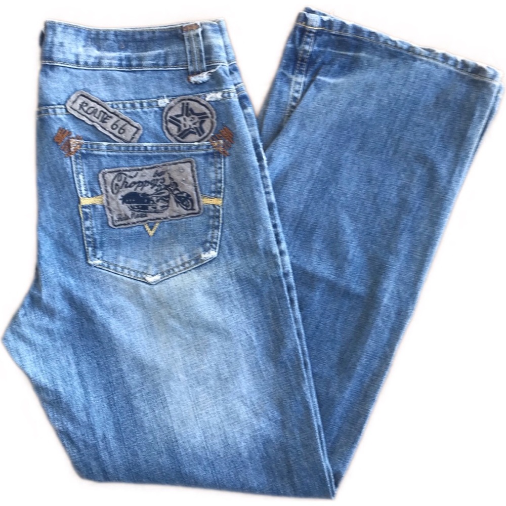 Replay factory distressed jeans w/ patch accents